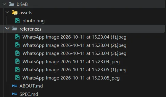 Isi folder briefs Struktur folder briefs berisi folder assets dengan photo.png, folder references berisi enam gambar, serta file ABOUT.md dan SPEC.md