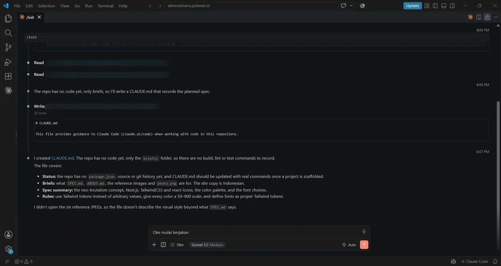 /init membuat CLAUDE.md Hasil perintah /init yang membuat CLAUDE.md dan menjelaskan bahwa repositori belum berisi kode, hanya folder briefs