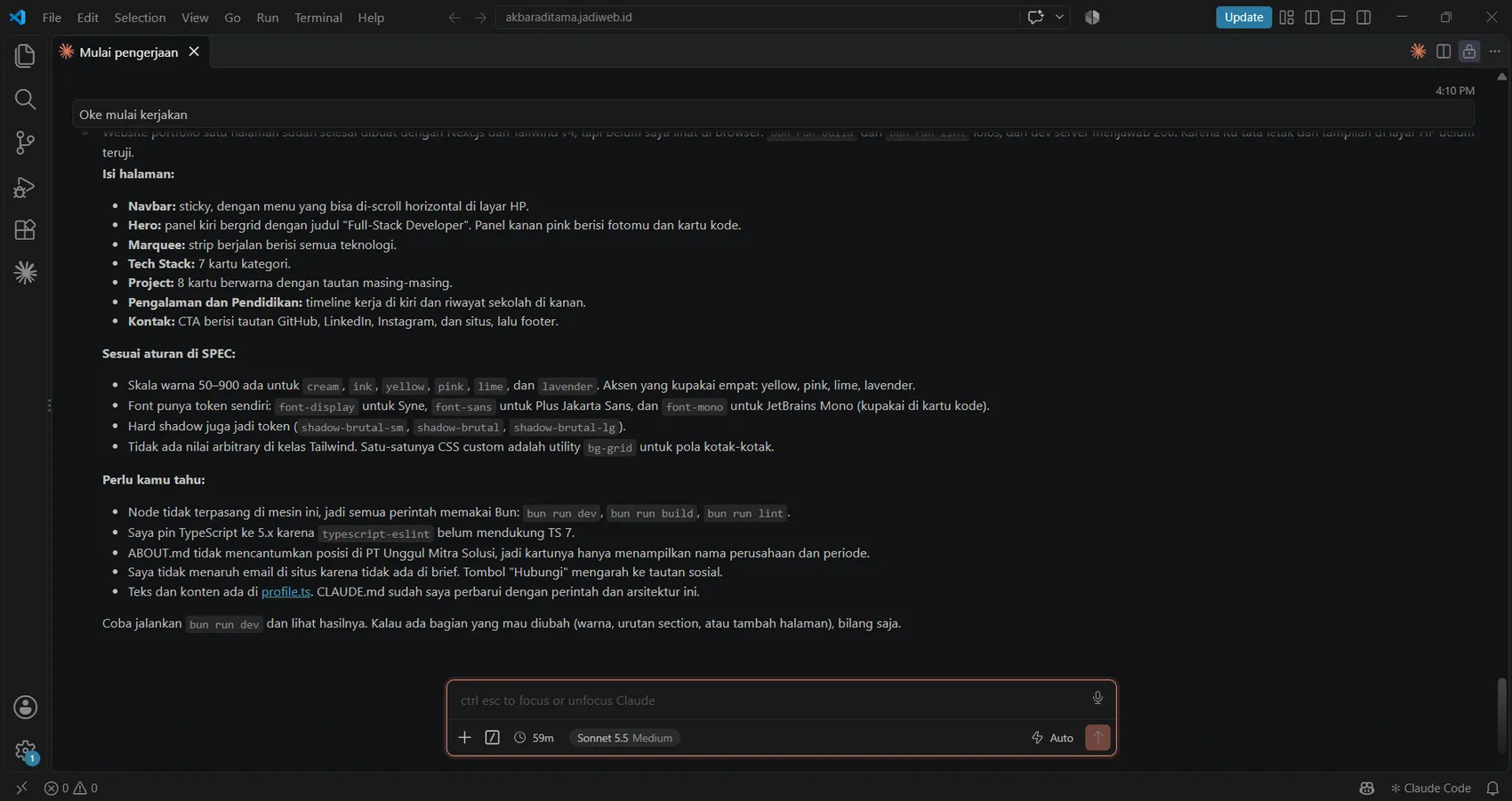 Ringkasan hasil dari Claude Code Ringkasan Claude Code setelah selesai: daftar bagian halaman, aturan SPEC yang diikuti, dan catatan bahwa Node tidak terpasang sehingga perintah memakai Bun