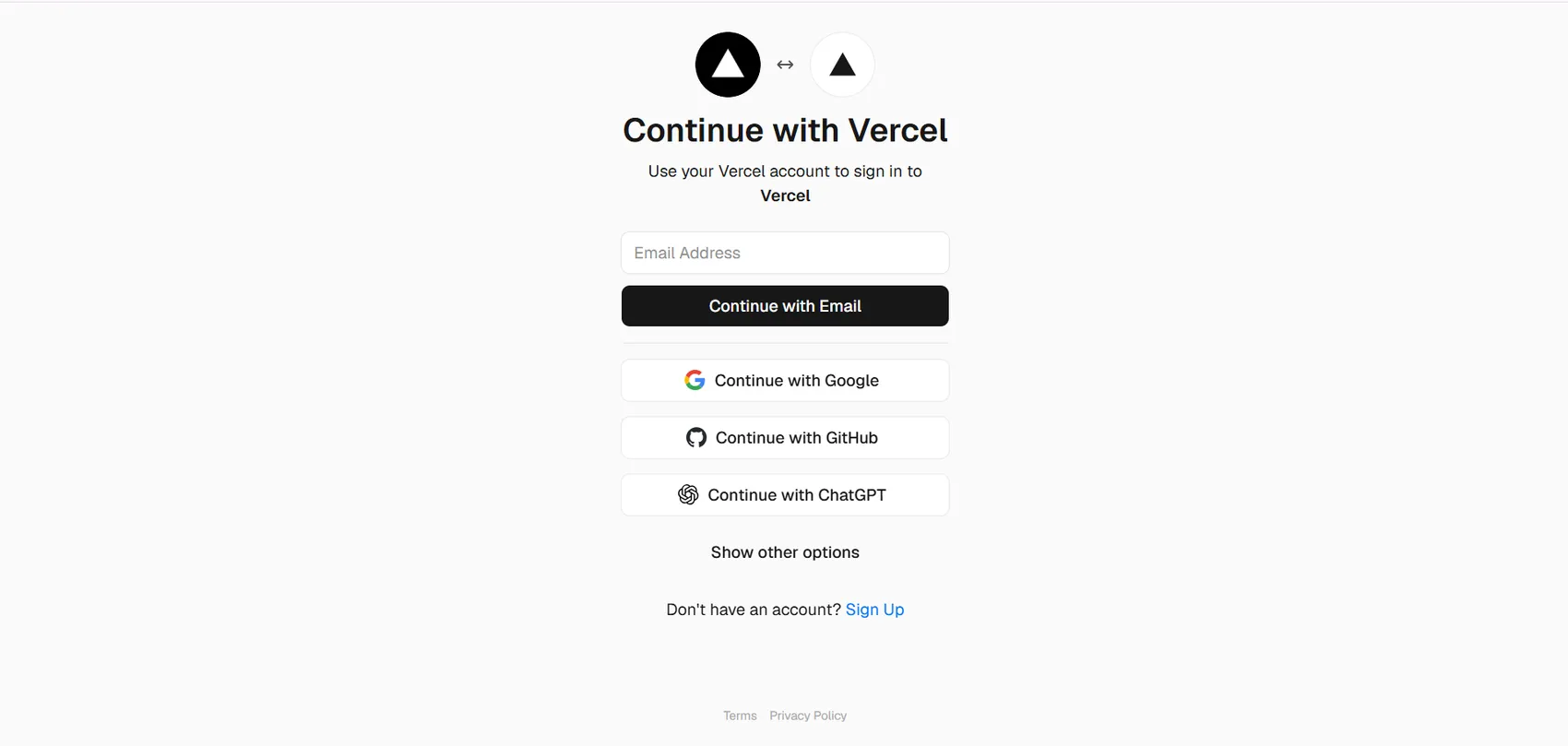 Login Vercel lewat browser Halaman Continue with Vercel yang menawarkan masuk lewat email, Google, GitHub, atau ChatGPT