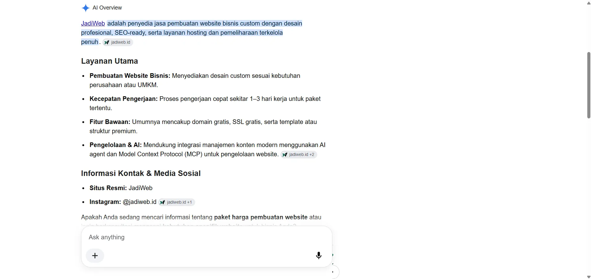 AI Overview untuk pencarian jadiweb Ringkasan AI Google (AI Overview) untuk pencarian jadiweb yang memuat bagian Informasi Kontak dan Media Sosial