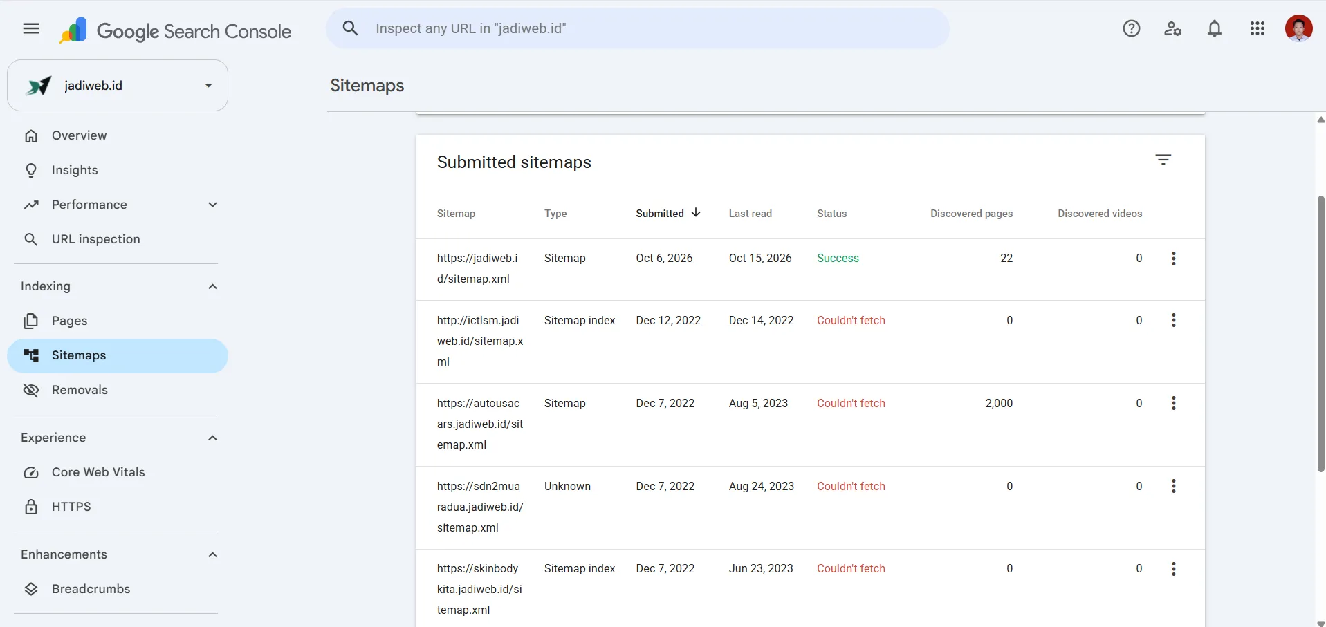 Laporan Sitemaps di Search Console Laporan Sitemaps Google Search Console jadiweb.id berisi beberapa sitemap subdomain yang diajukan Desember 2022 dengan status Couldn't fetch