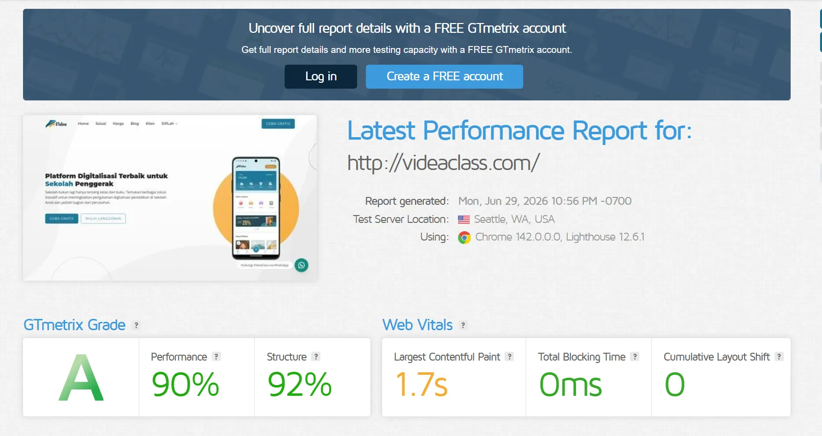 Hasil Uji GTMetrix Website Client Jadiweb.id