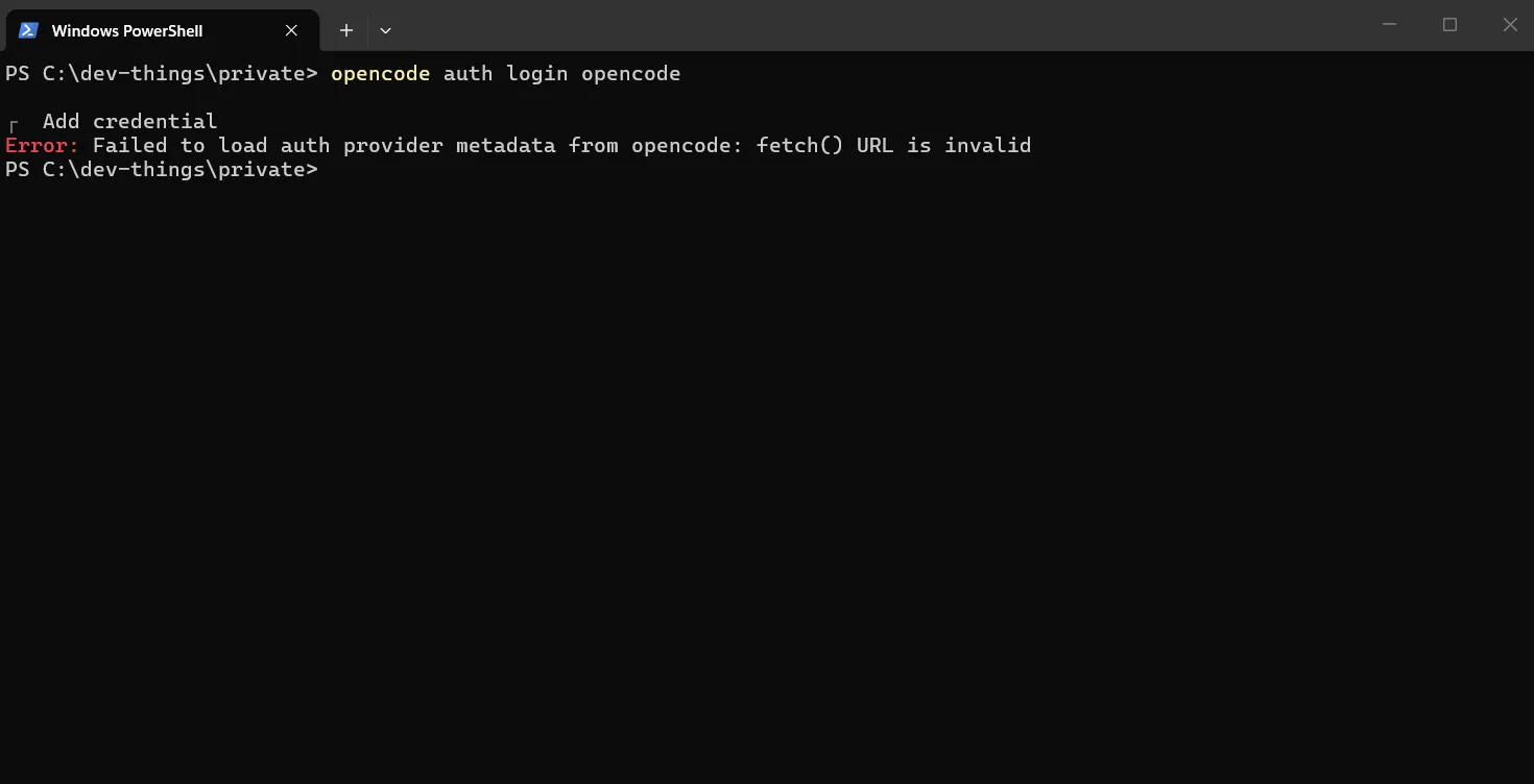 Perintah login V2 gagal di OpenCode 1.18.35 Terminal PowerShell yang menjalankan opencode auth login opencode dan menampilkan error Failed to load auth provider metadata from opencode: fetch() URL is invalid