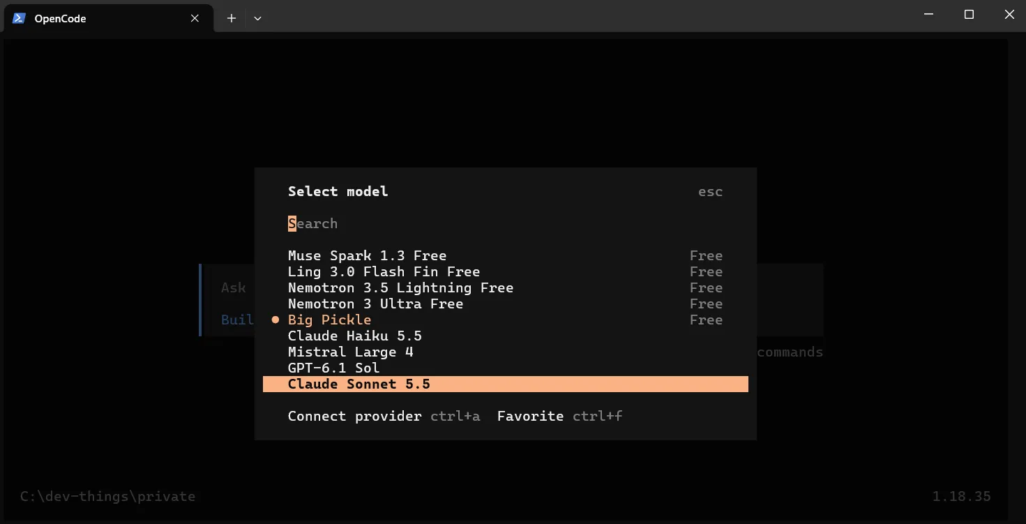 Lima model berlabel Free Daftar model OpenCode berisi lima model berlabel Free (Muse Spark 1.3, Ling 3.0 Flash Fin, Nemotron 3.5 Lightning, Nemotron 3 Ultra, Big Pickle) dan empat model berbayar