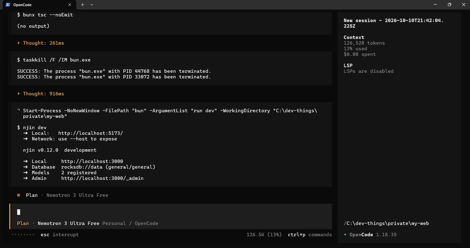 Perintah taskkill menghentikan semua proses Bun Terminal OpenCode menjalankan taskkill /F /IM bun.exe yang menghentikan dua proses bun.exe, lalu menjalankan njin dev lewat Start-Process
