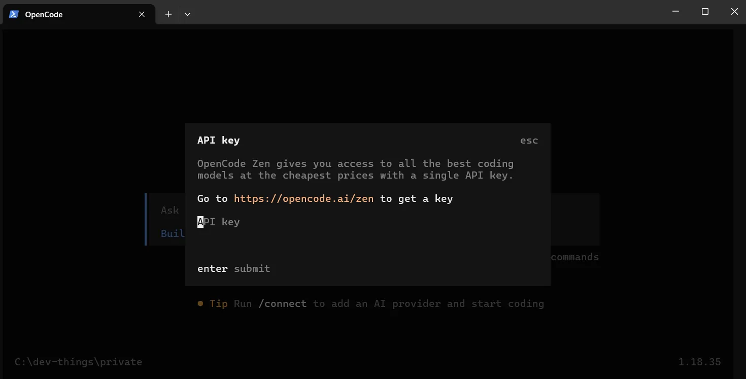 OpenCode meminta API key saat memilih Zen Kotak dialog OpenCode yang meminta API key Zen dan menyuruh membuka opencode.ai/zen untuk mendapatkan key