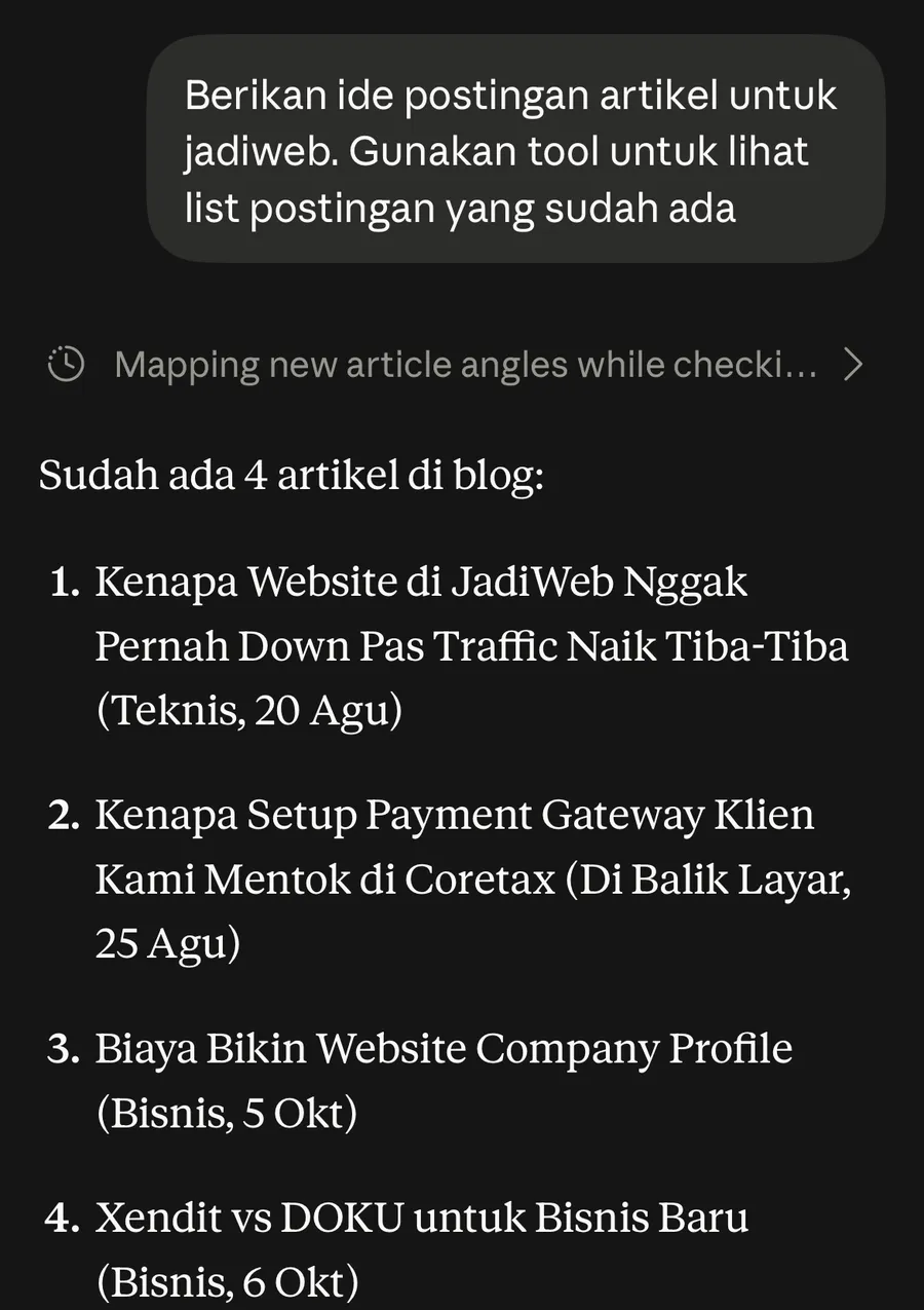 AI Membaca Daftar Artikel Lewat MCP Tangkapan layar percakapan: pengguna meminta ide artikel dan AI membaca daftar empat artikel yang sudah terbit di blog JadiWeb lewat MCP
